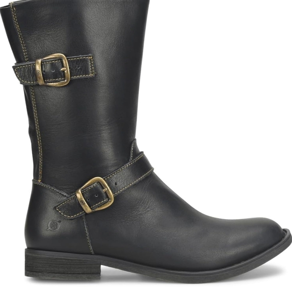 Born Black Leather‎ Moto Boots with Gold Buckles